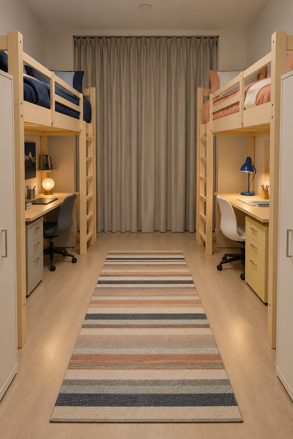 Two pale wooden loft beds with desks below, navy and peach bedding, and a striped runner