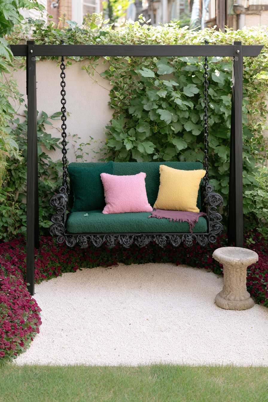 Gothic garden with ornate wrought iron swing seat