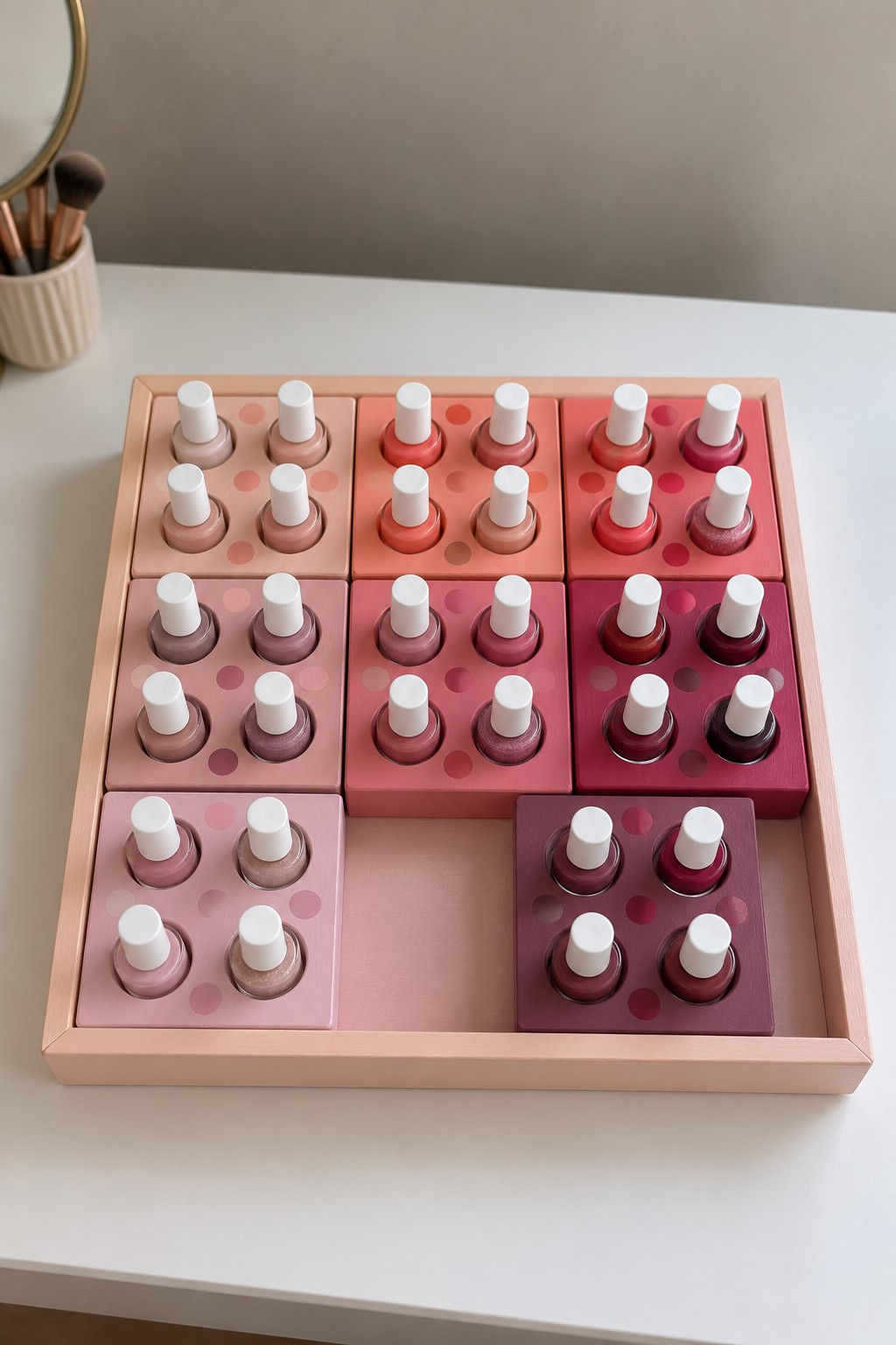Pink rectangular tray holding removable square blocks with four nail polish bottle wells each