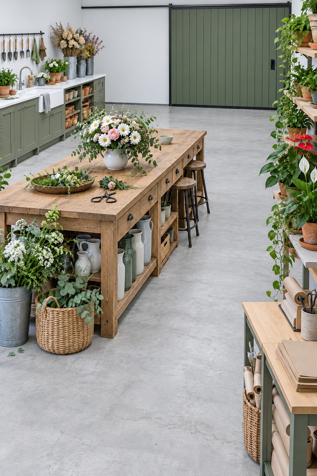 Green garage floristry studio with a wooden worktable, sink counter, galvanized flower buckets, and plant shelves