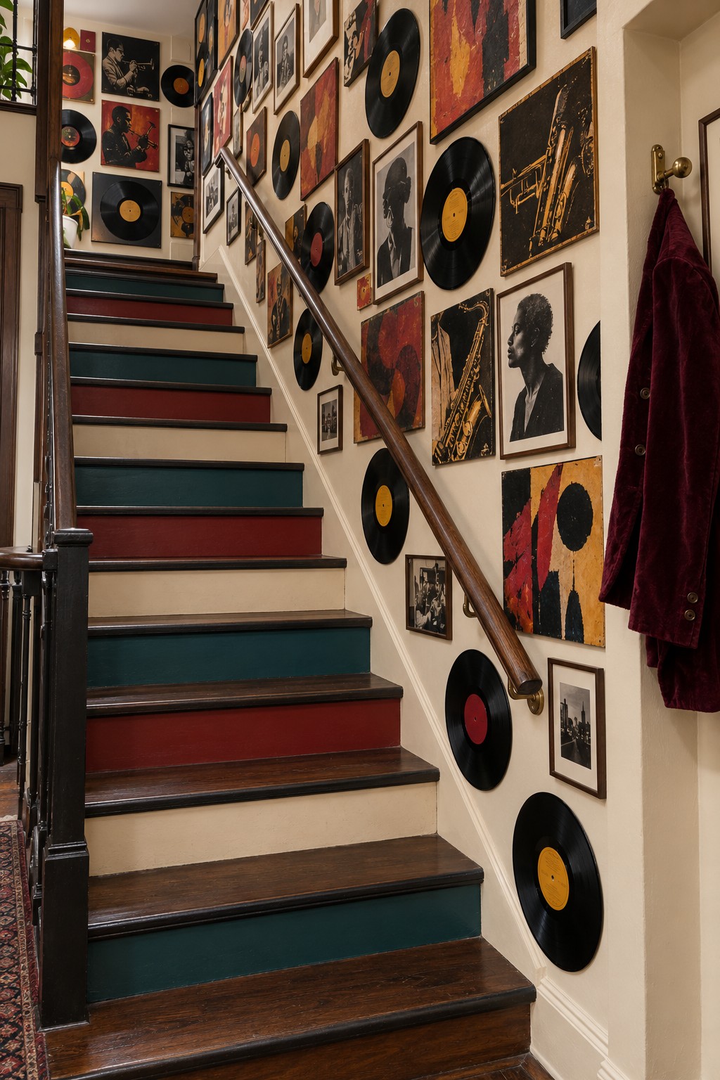 Teal, brick red, and cream stair risers with wooden treads and a gallery of records and jazz portraits
