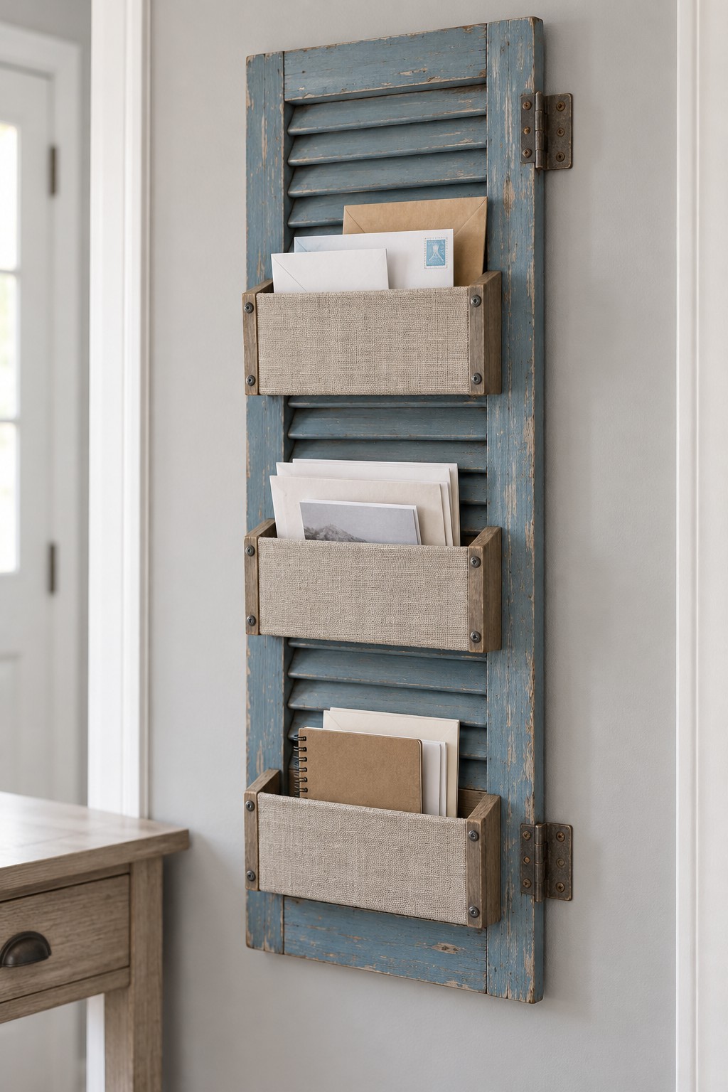 Weathered blue wooden shutter mounted vertically with three shallow wooden pockets holding letters and notebooks