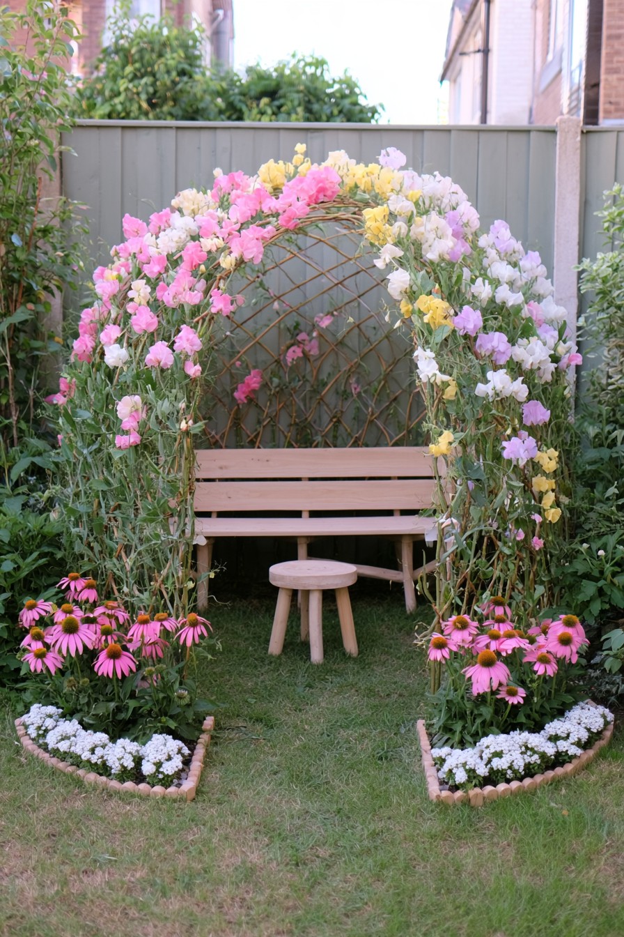 Curved woven flowering arch around a timber bench with a small stool at the entrance
