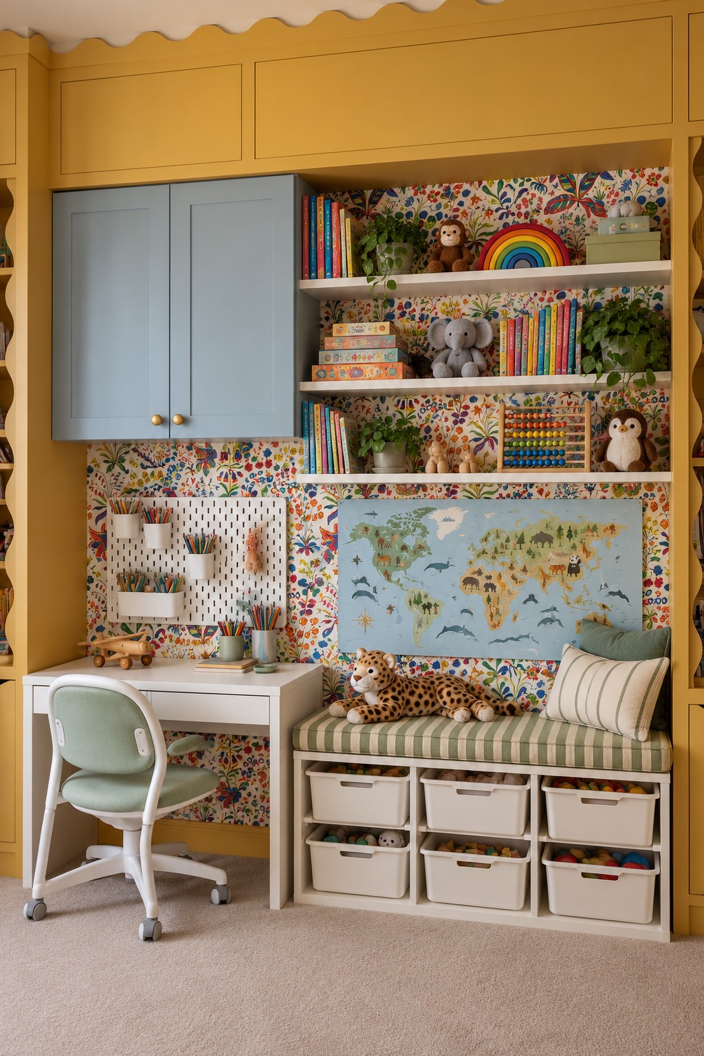 White desk beside a striped reading bench with storage baskets, a world map, floral wallpaper, and pale blue wall cupboards