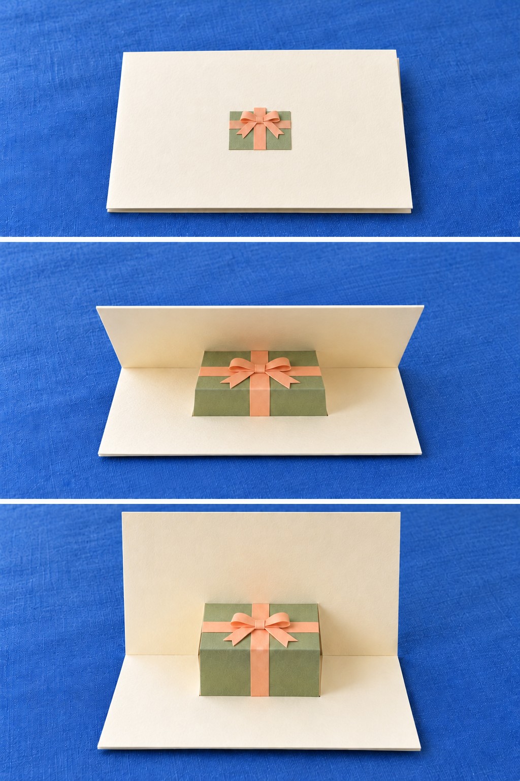 Three views of a cream card opening to show a green paper gift parcel with a peach ribbon