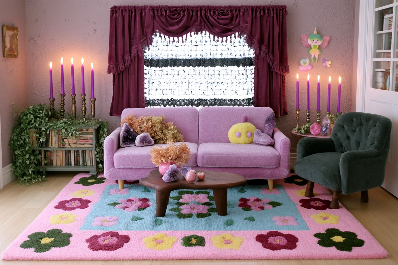 Lavender sofa and deep green armchair in a blush room with plum drapes, purple tapers, dried flowers, and a colorful floral rug