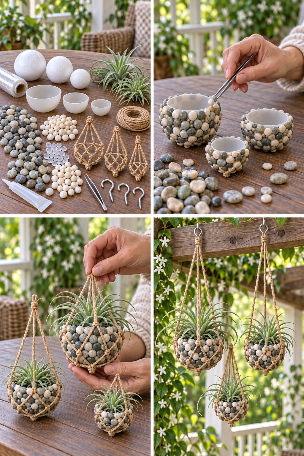 Four panels showing pebbles bonded to retained cup cores and three air plant pods carried in separate nets crossing below their bases