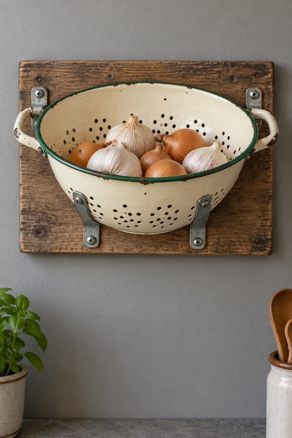 Cream enamel colander attached to a wooden wall board with visible metal supports holding whole onions and garlic bulbs