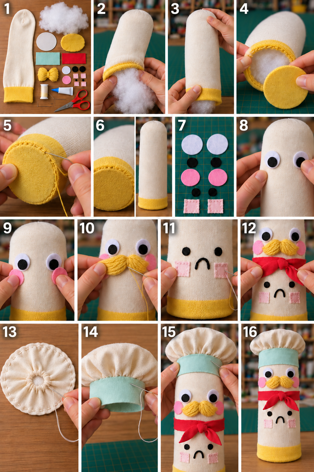 Sock character making stages showing filling, base stitching, facial decoration, yarn attachment and a gathered hat