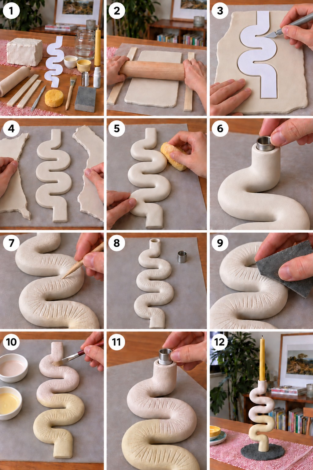 Air dry clay making stages showing rolling, template cutting, smoothing, texturing, drying and painting