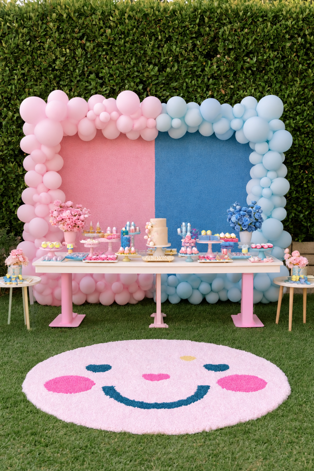 Split pink and blue gender reveal dessert backdrop with balloons cake and sweets