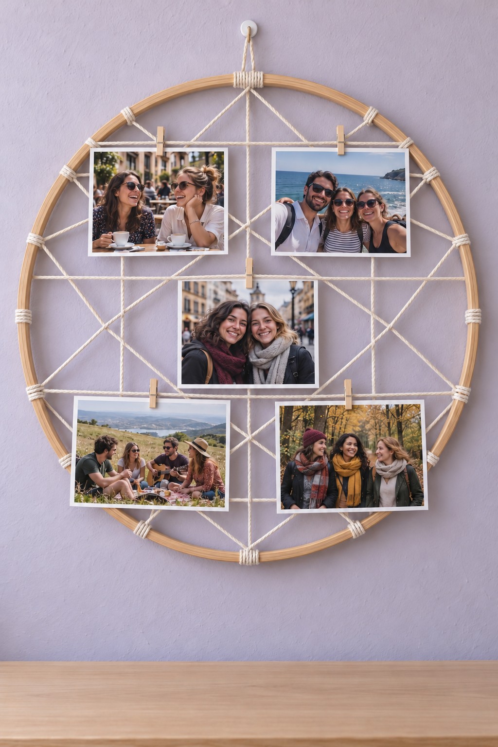 Five photographs clipped to a cream cord web inside a round wooden hoop on a lavender wall