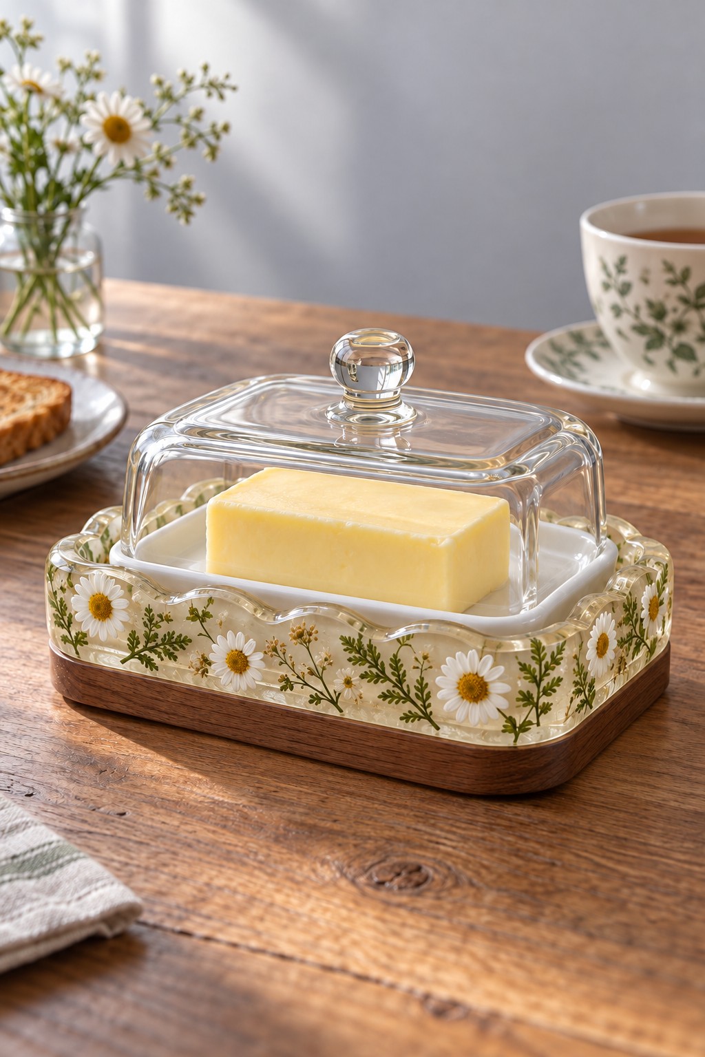 A daisy and green leaf resin surround on a wooden base, holding a white butter dish beneath a clear glass lid.