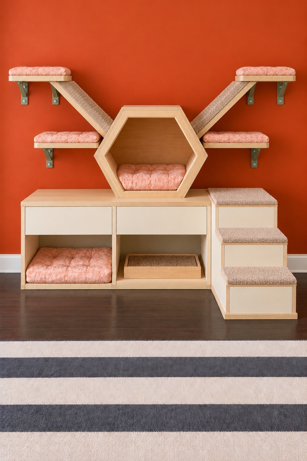 Hexagonal cat bed on a cream cabinet framed by two broad carpeted ramps and four padded wall platforms