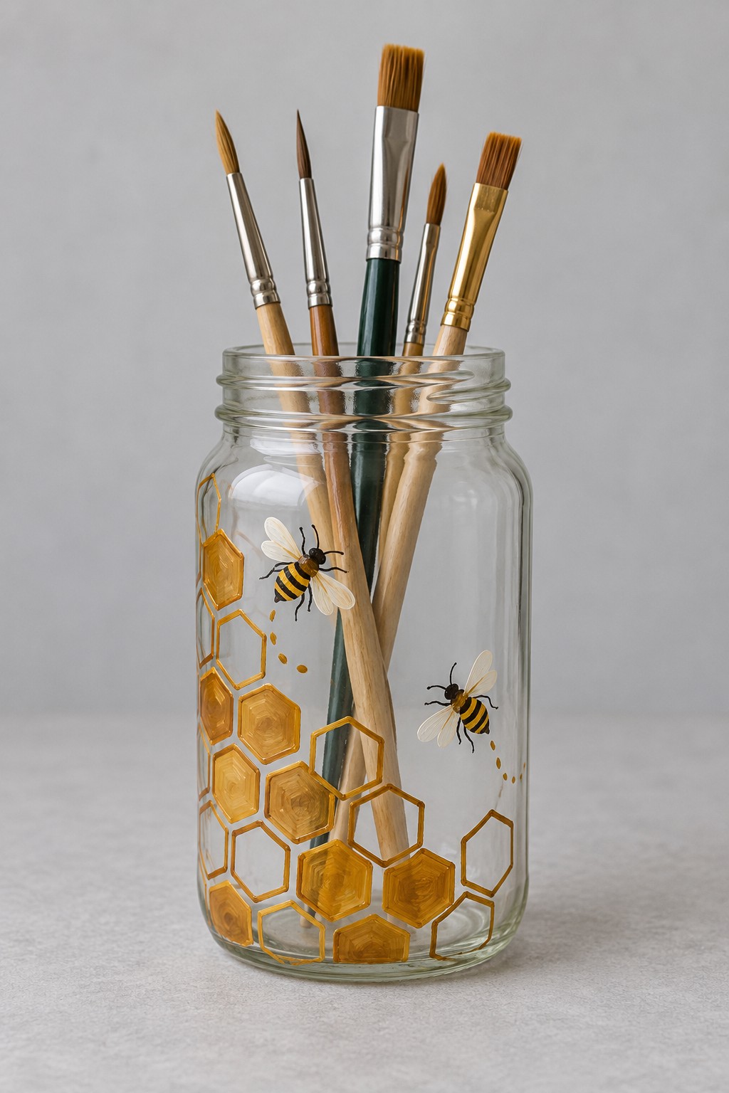 Clear jar with golden honeycomb cells and small black and yellow painted bees holding paintbrushes