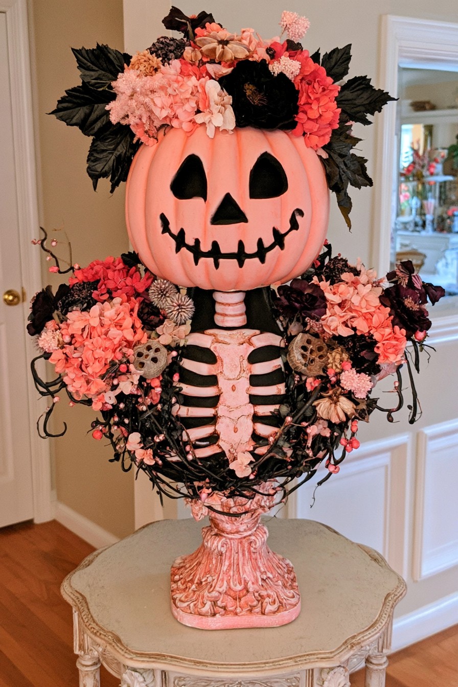 Pink pumpkin head and skeleton torso decorated with a coral floral crown