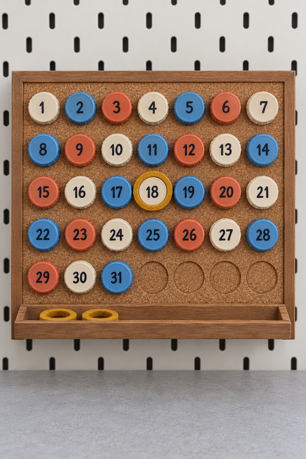 Framed cork date tracker with numbered cream, blue, and coral caps from 1 to 31 and a yellow felt ring around 18