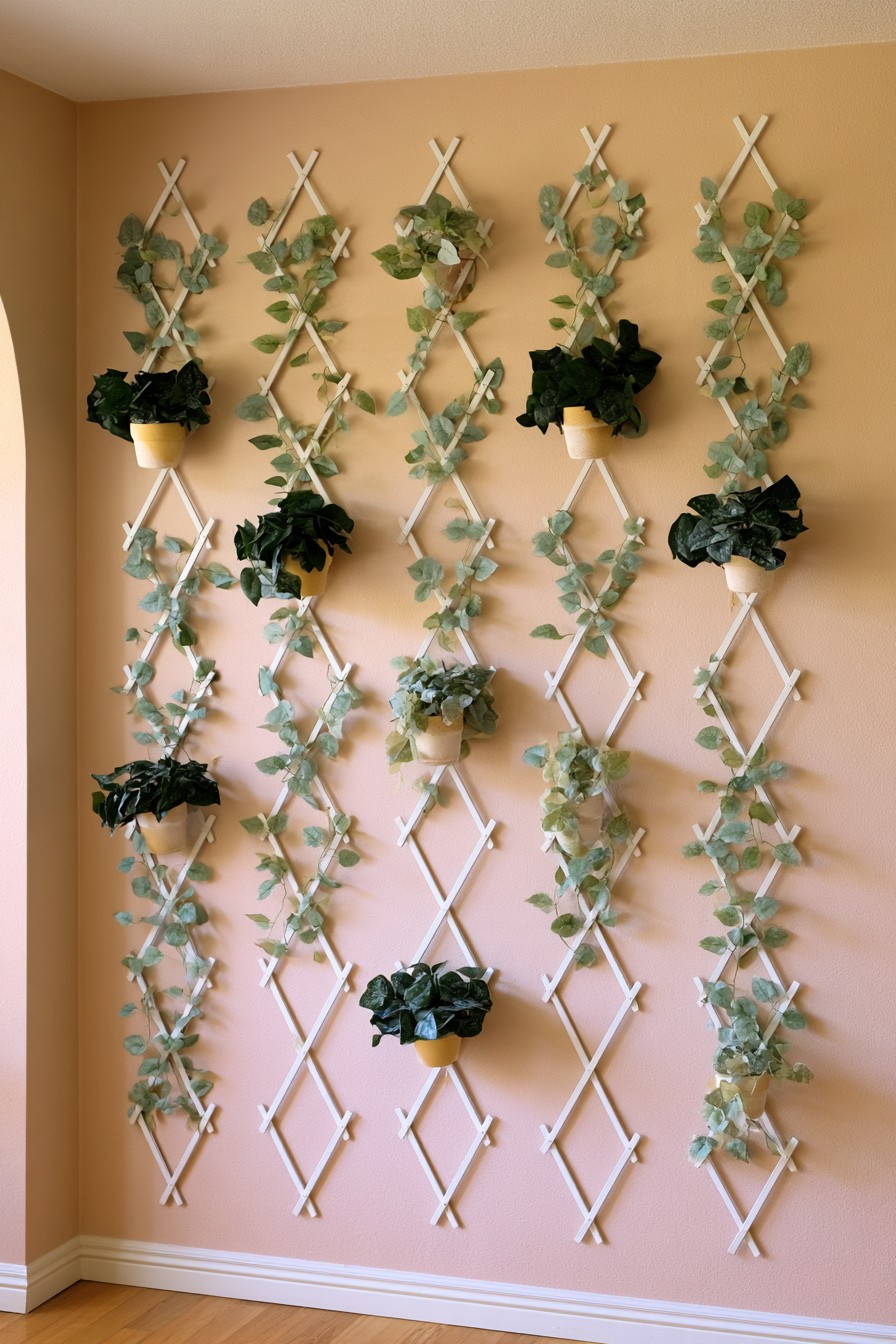 Pale diamond lattice panels on an ochre wall with trained vines and small cream and yellow planted pots