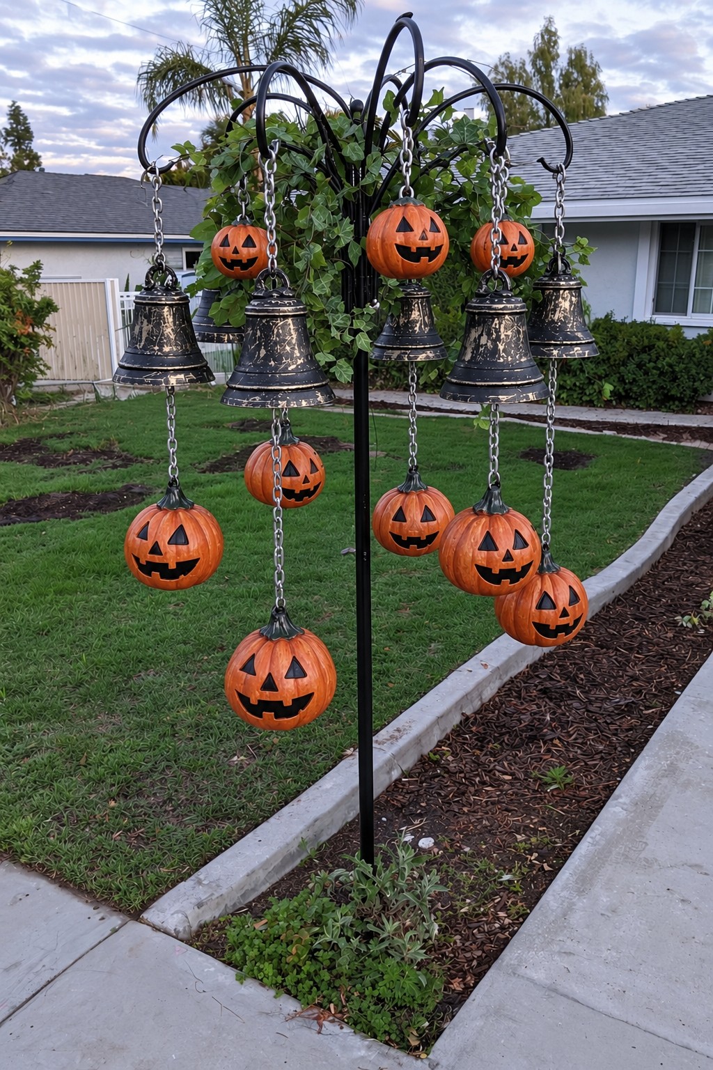 Dark branching garden hanger with antique-style bell shapes and orange pumpkin ornaments