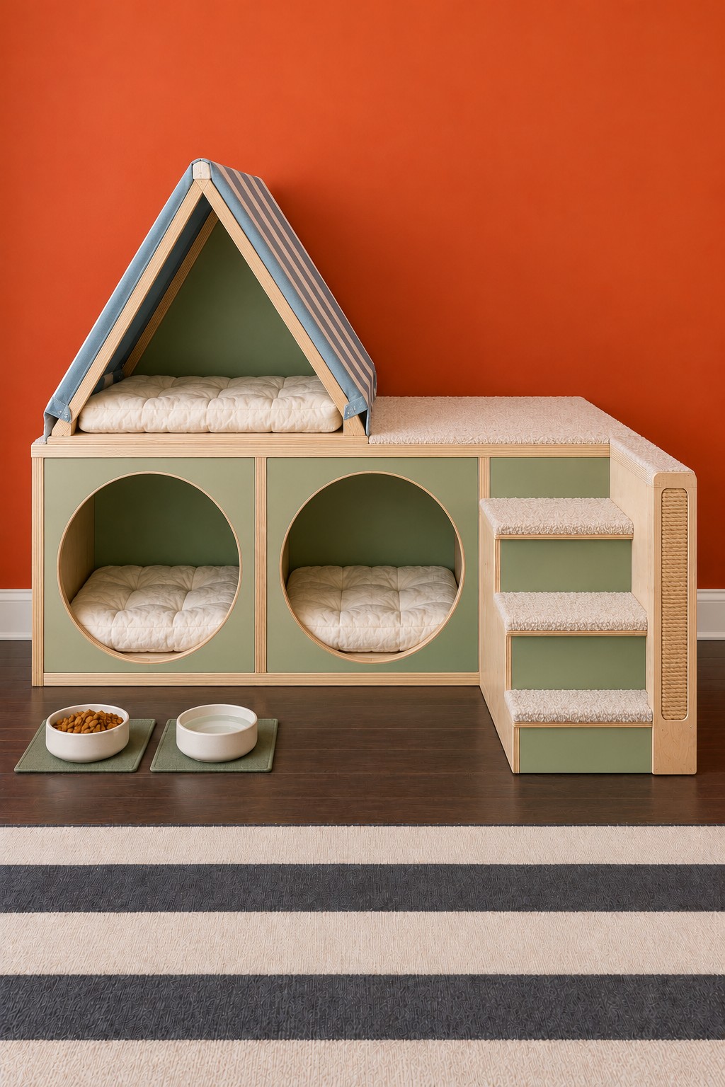 Blue striped rooftop cat tent above two sage circular dens beside steps and a vertical scratch panel
