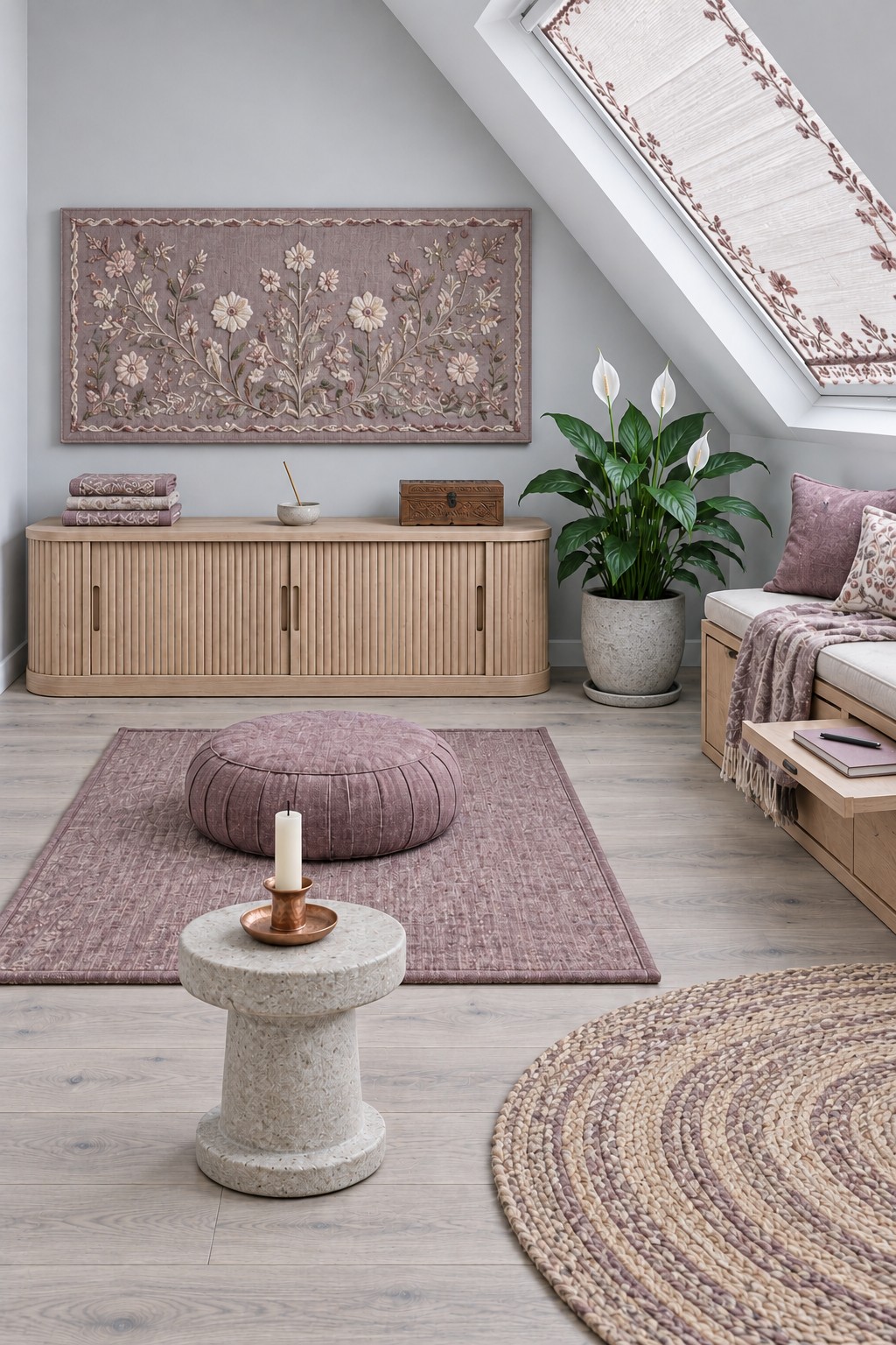 Mauve round meditation cushion beneath an embroidered botanical wall hanging beside pale wooden storage