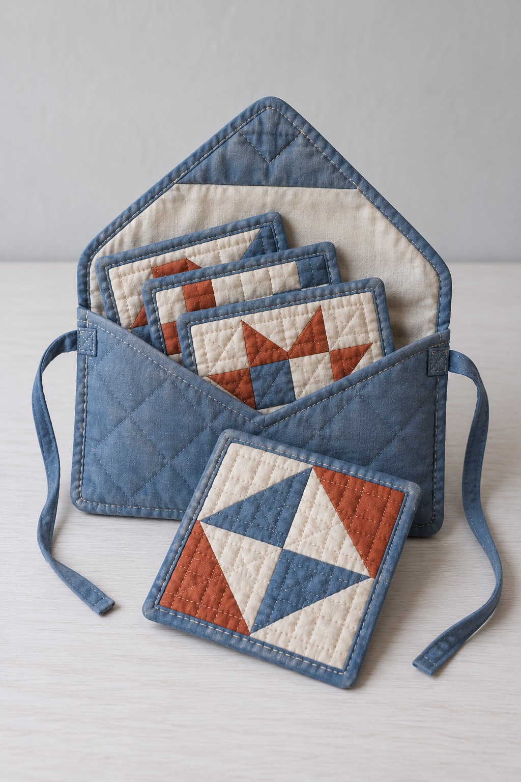 Blue, cream, and rust patchwork coasters in a quilted blue fabric envelope with ties
