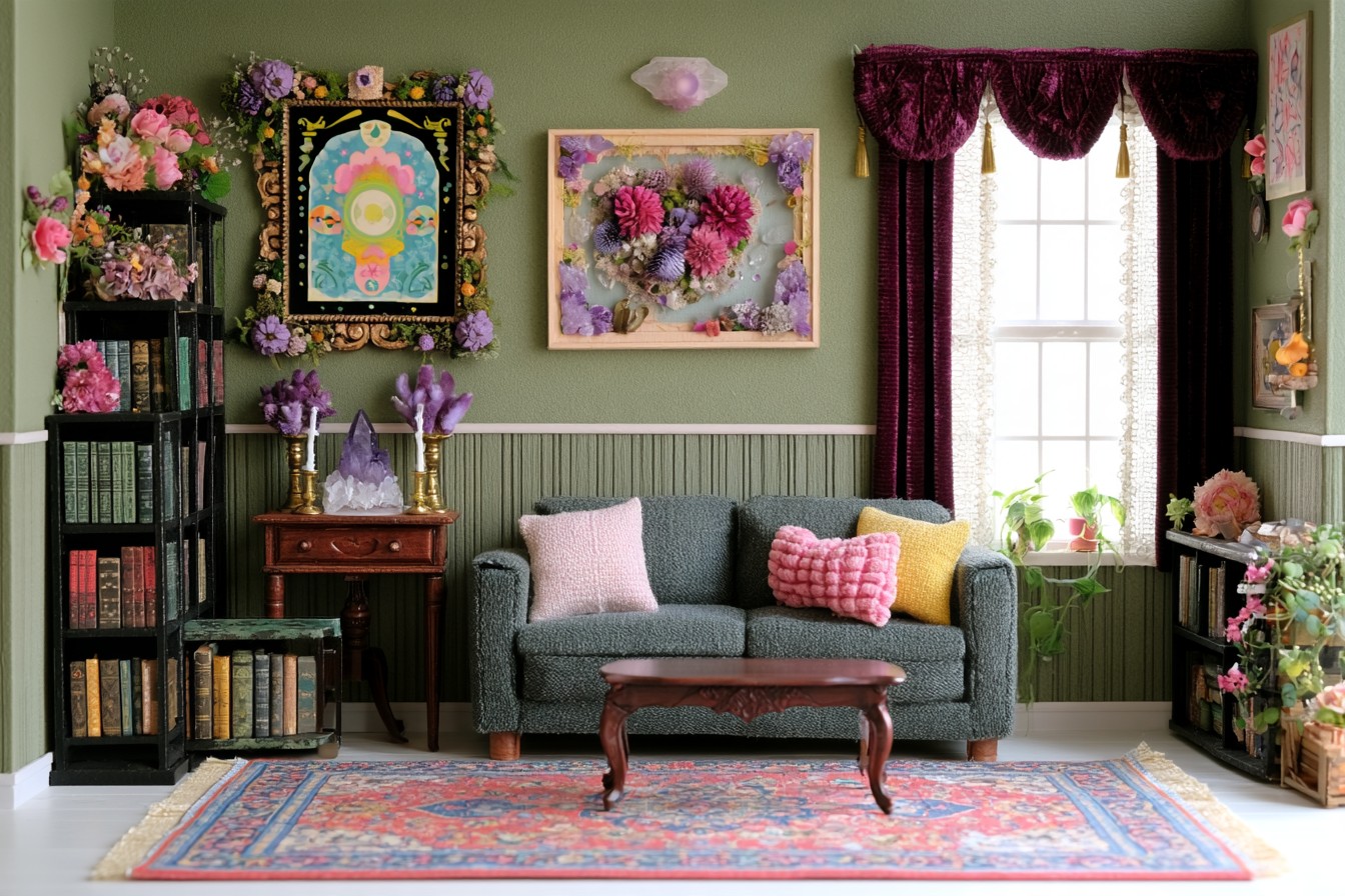 Gray loveseat against olive paneled walls, with floral framed art, black bookcases, purple crystal ornaments, and burgundy curtains