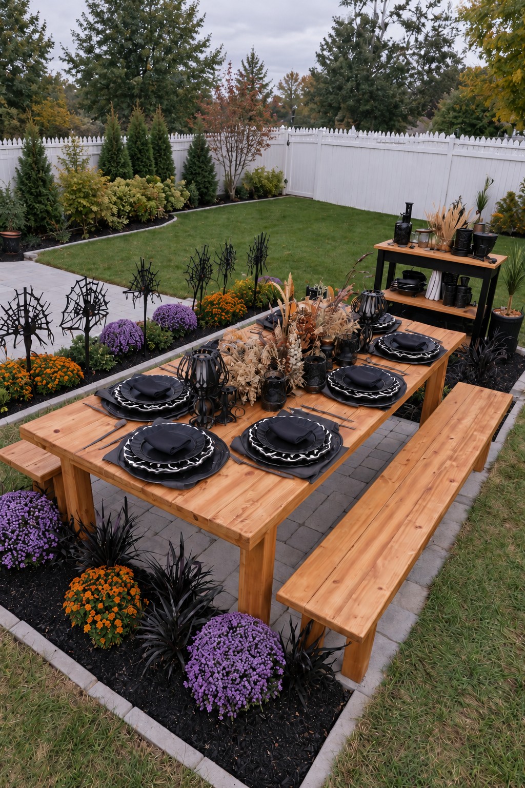 Wooden outdoor dining table with black place settings and spiderweb-shaped flower-bed ornaments