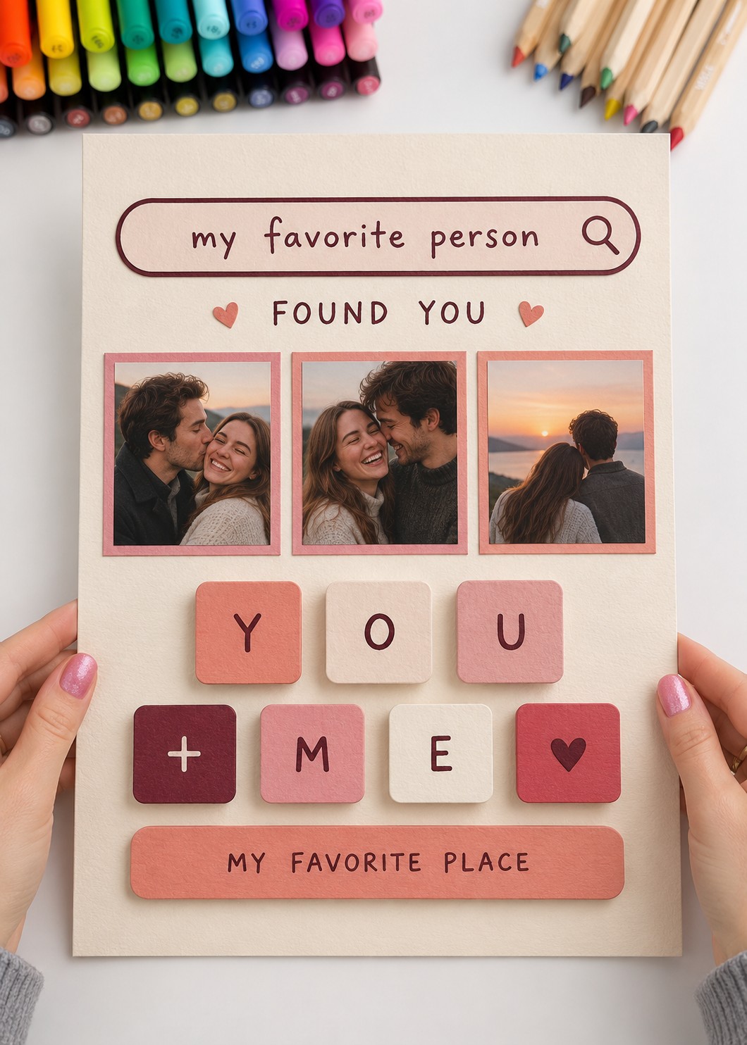 Favorite person search themed poster with three photographs and raised pink cream and burgundy keyboard letter tiles