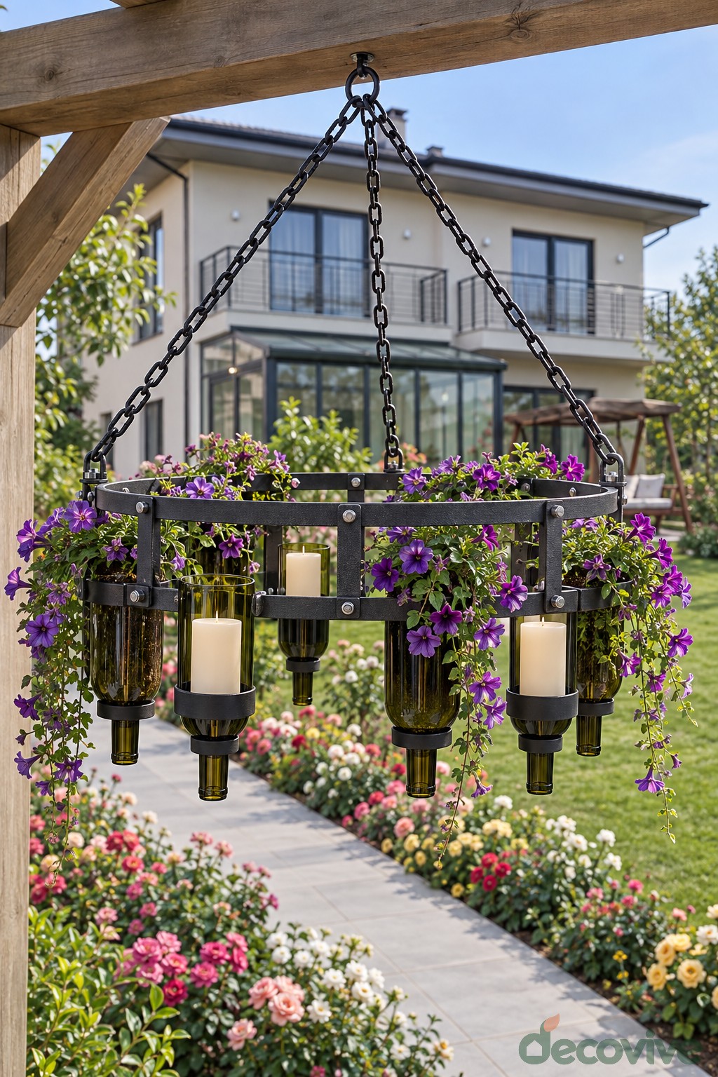 Circular iron chandelier supporting flower filled bottles on chains