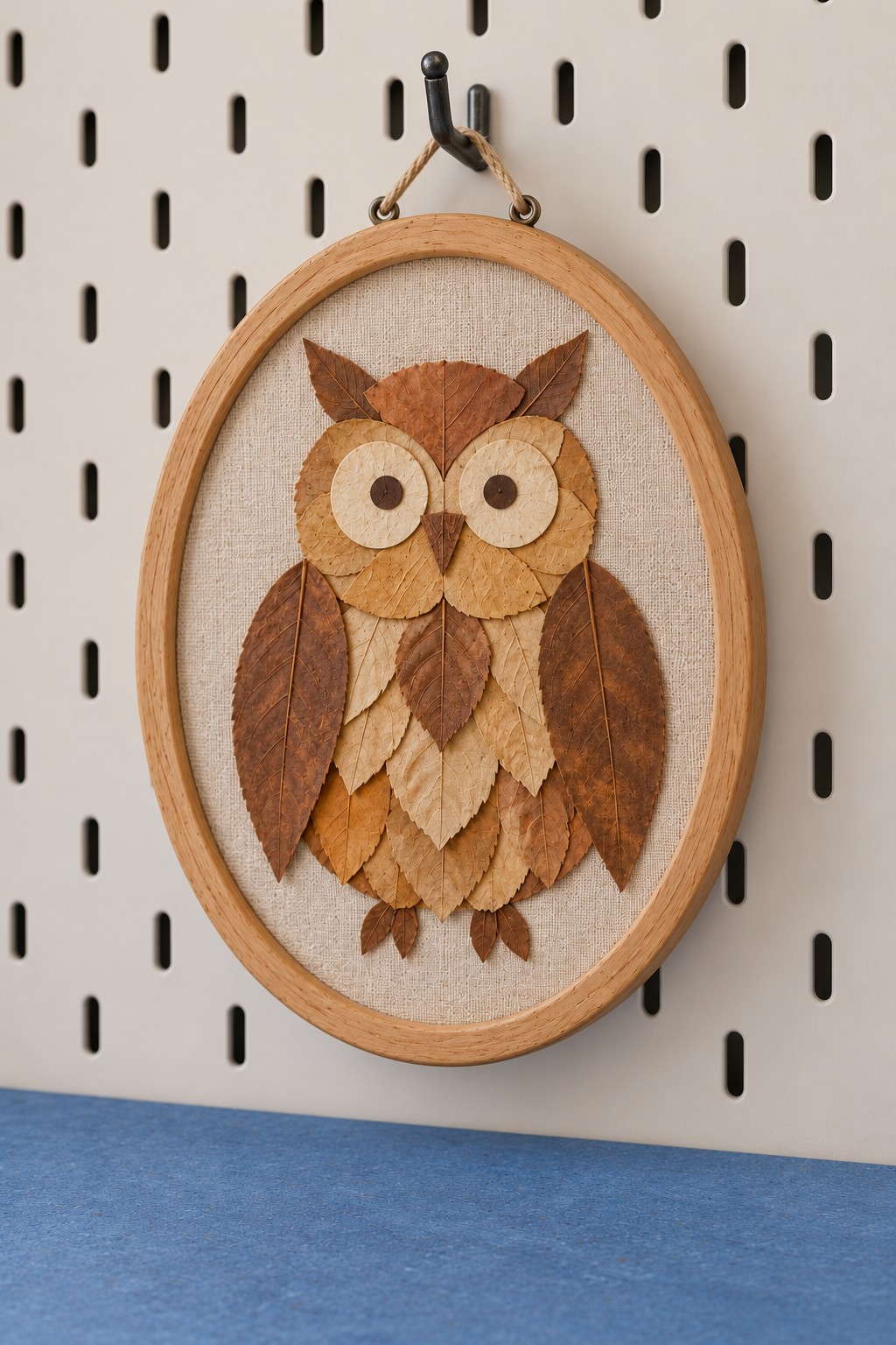 Brown and cream leaf owl with large circular eyes inside an oval embroidery hoop