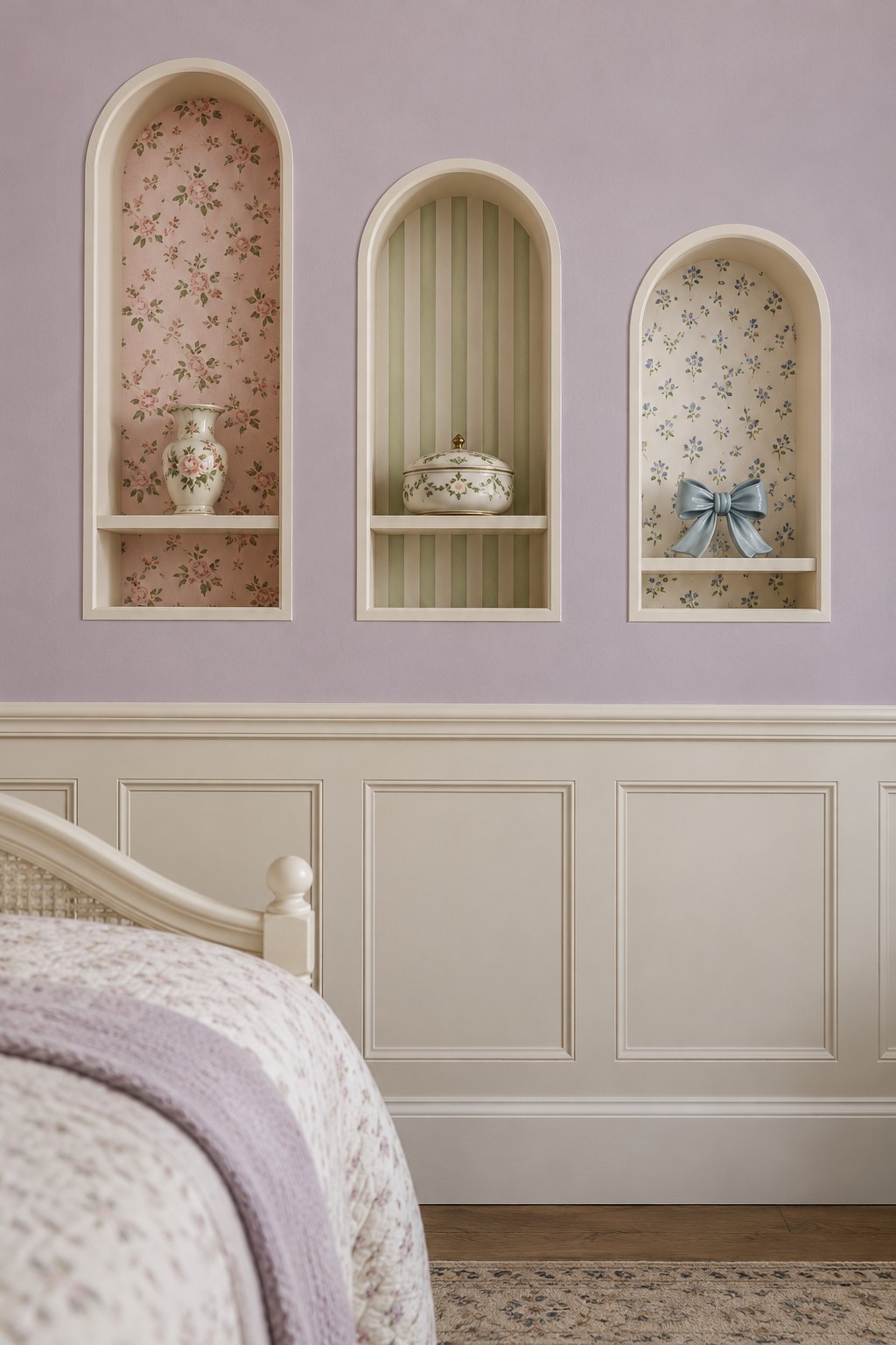Three cream arched display niches on a lilac wall with floral, fluted sage, and blue floral backings