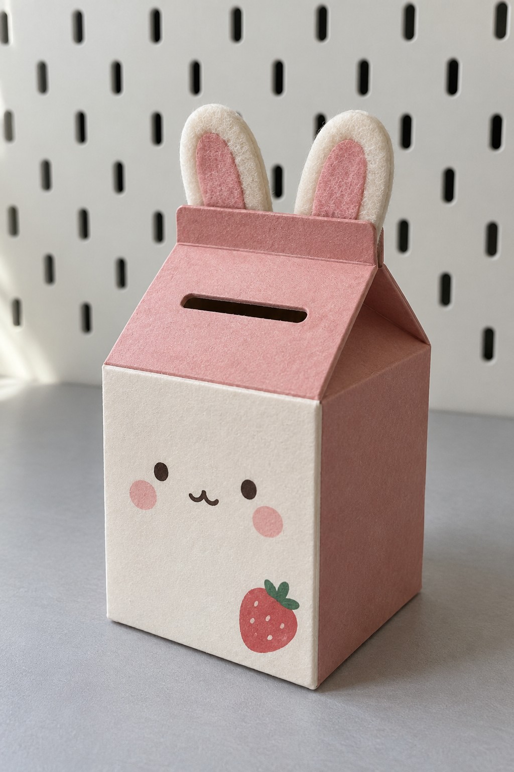 Pink and cream carton shaped bunny coin bank with fabric ears and a strawberry motif