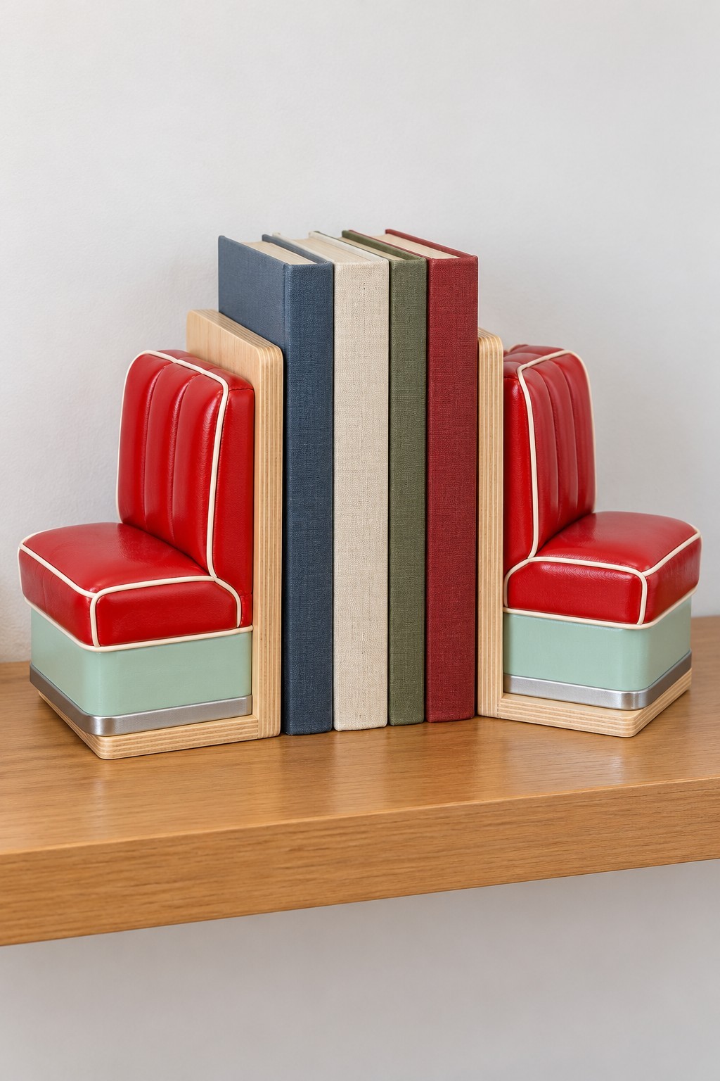 Pair of miniature red diner booth bookends with cream piping and pale blue bases