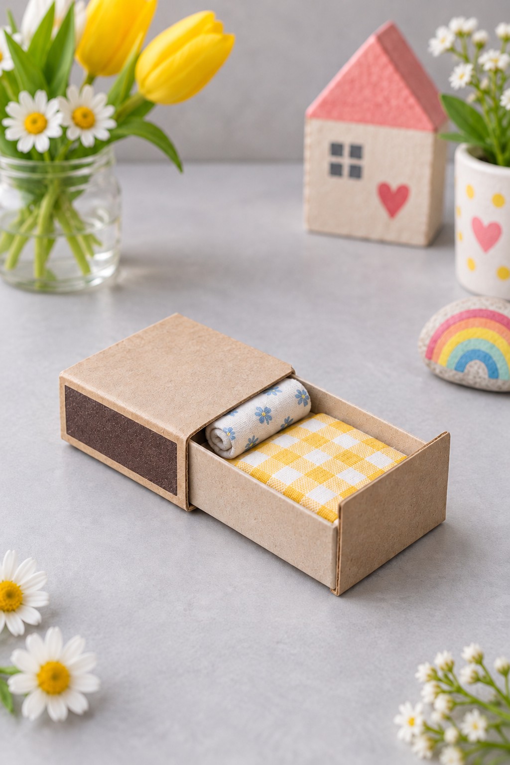 Empty sliding matchbox turned into a miniature bed with a yellow checked blanket and floral rolled pillow