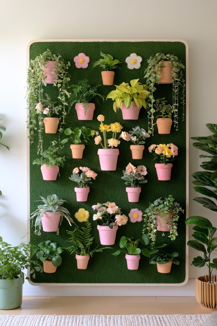 Rounded framed green backing with terracotta and pink wall pots, trailing plants, flowers, and small floral decorations