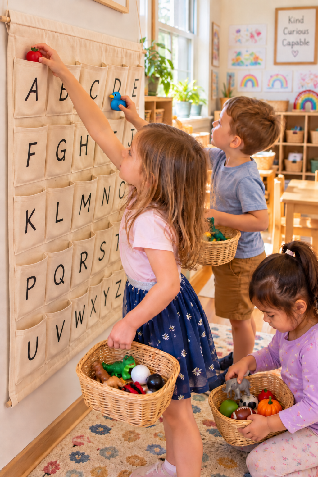 Apple and duck toys beside their matching A and D alphabet pockets