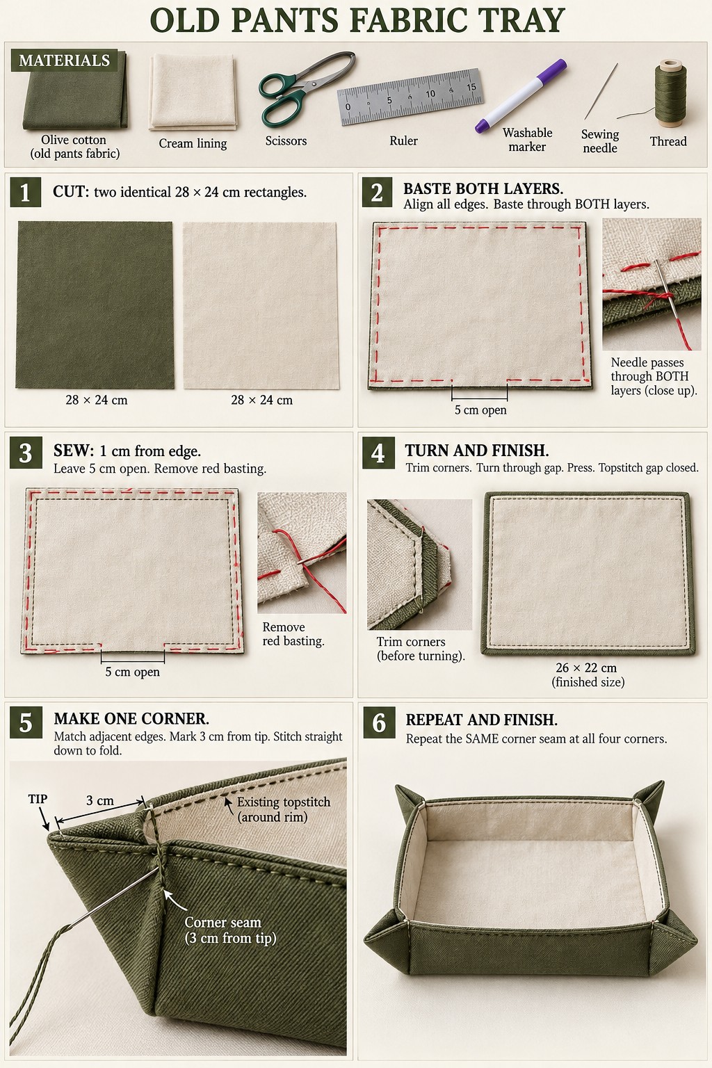 How to Sew a Lined Fabric Tray from Old Pants