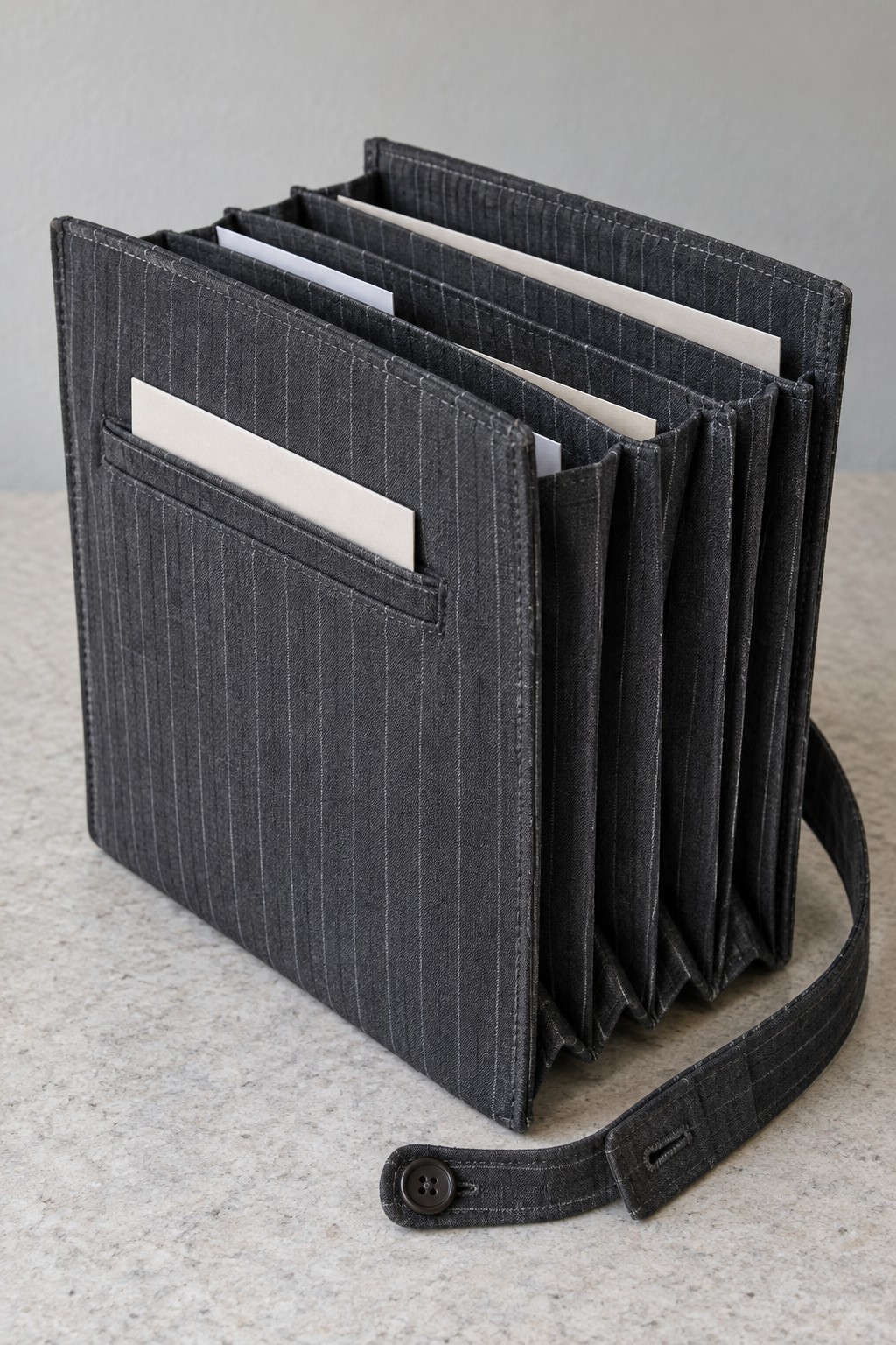 Dark pinstriped accordion file holder with pale dividers and a fabric carry strap