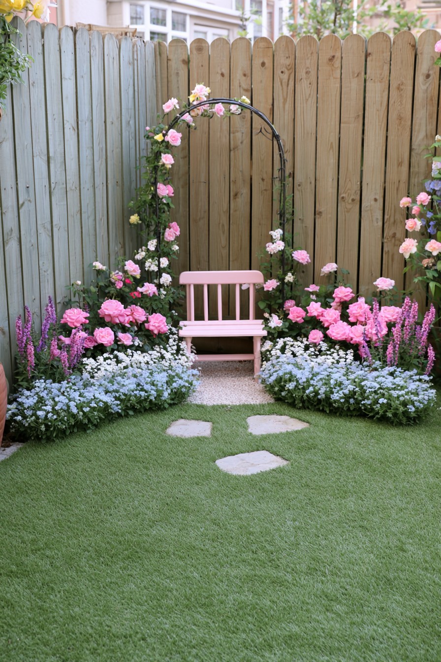 Single pink garden chair under a slender rose arch between low blue and white flowers