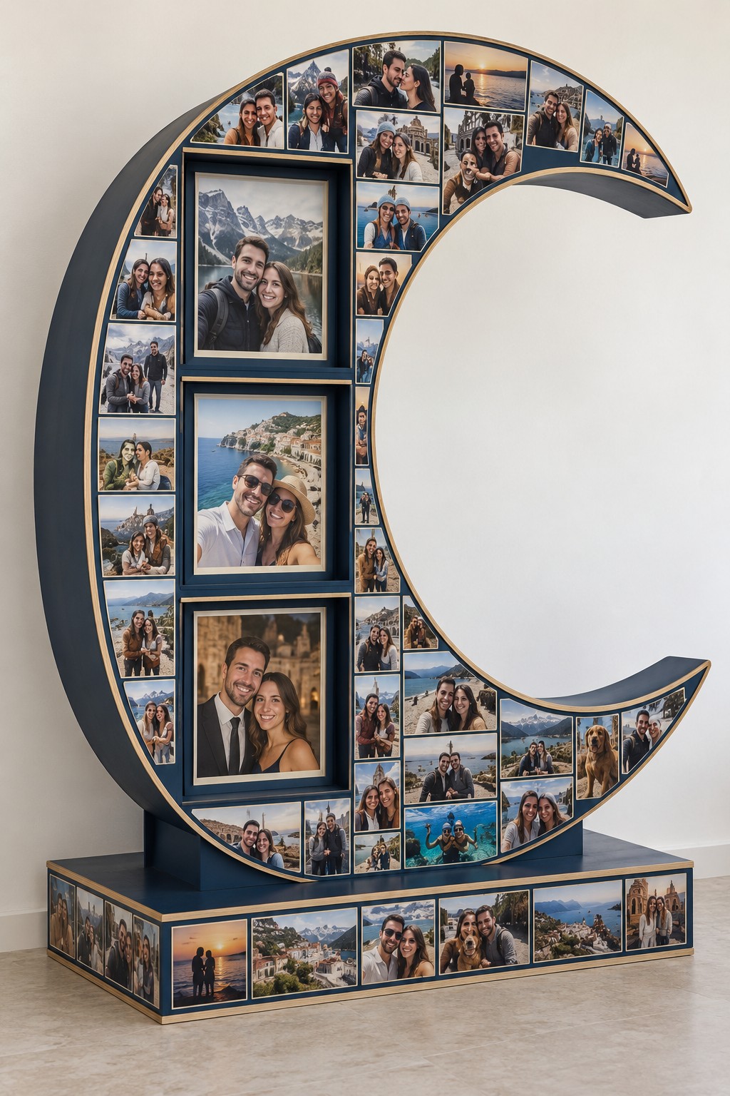 Deep blue crescent moon sculpture filled with family photographs above a matching collage plinth