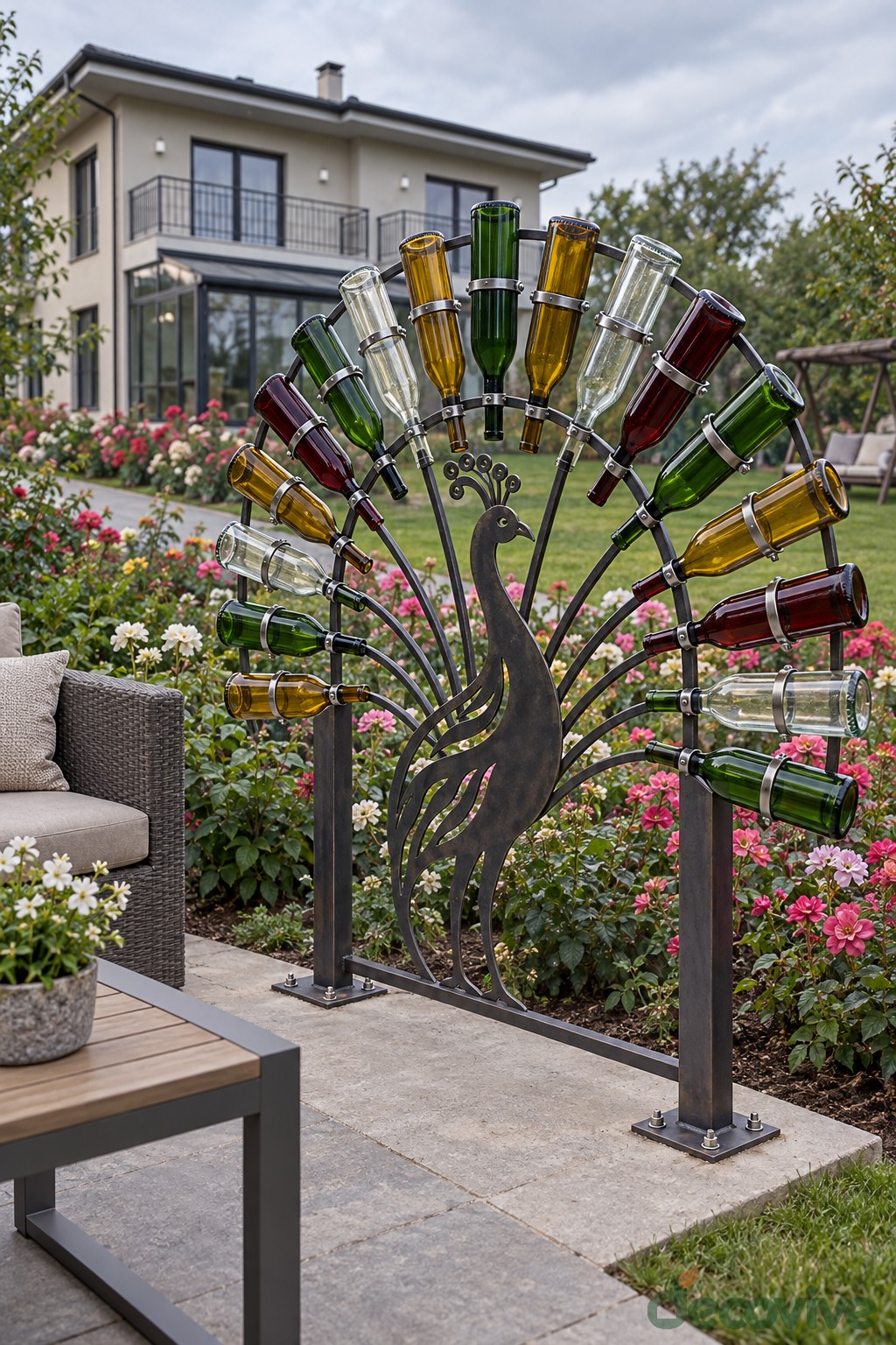 Fan shaped metal garden screen with colored wine bottles on branching supports