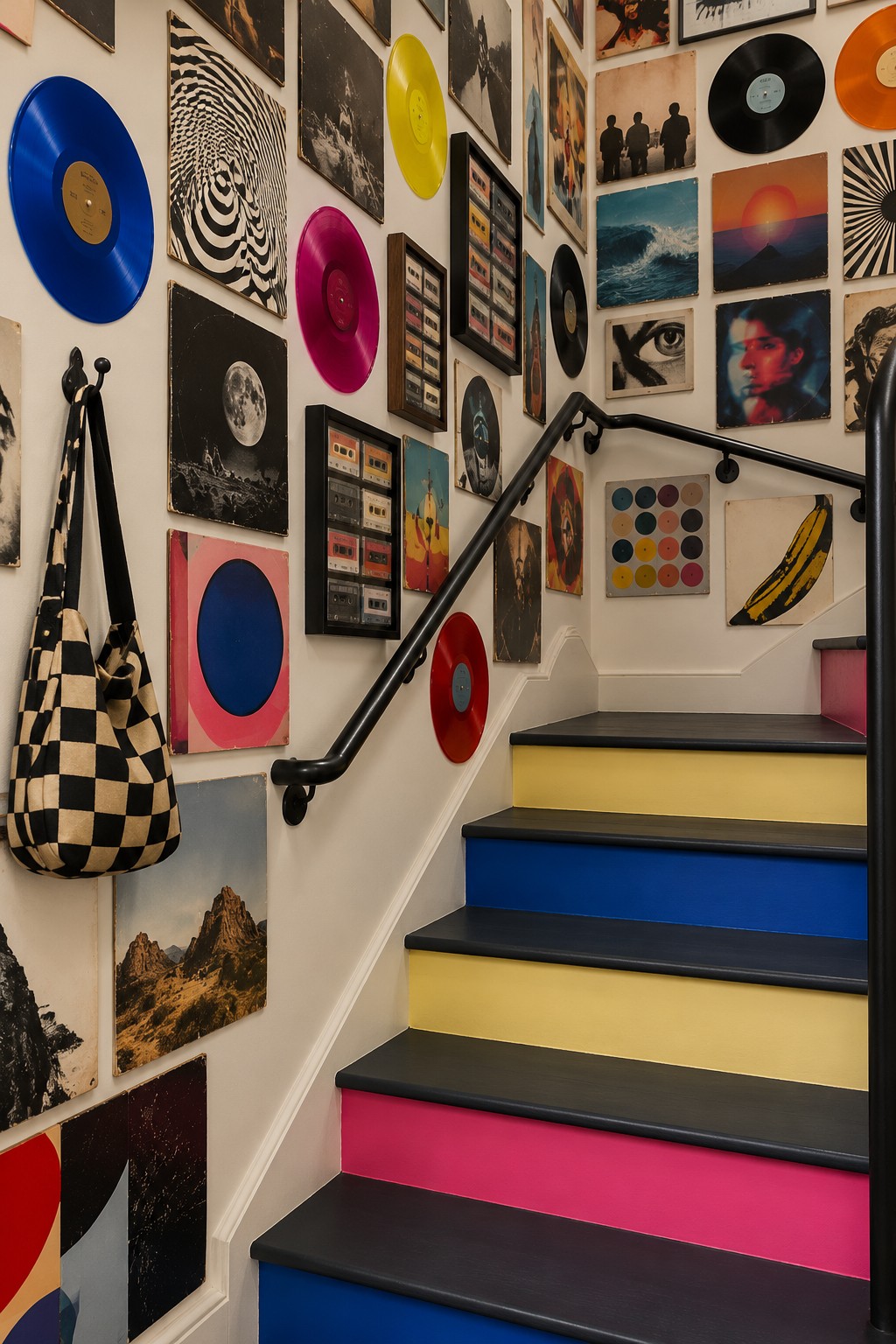 Pink, blue, and yellow stair risers with dark treads beneath a dense gallery of records and graphic artwork