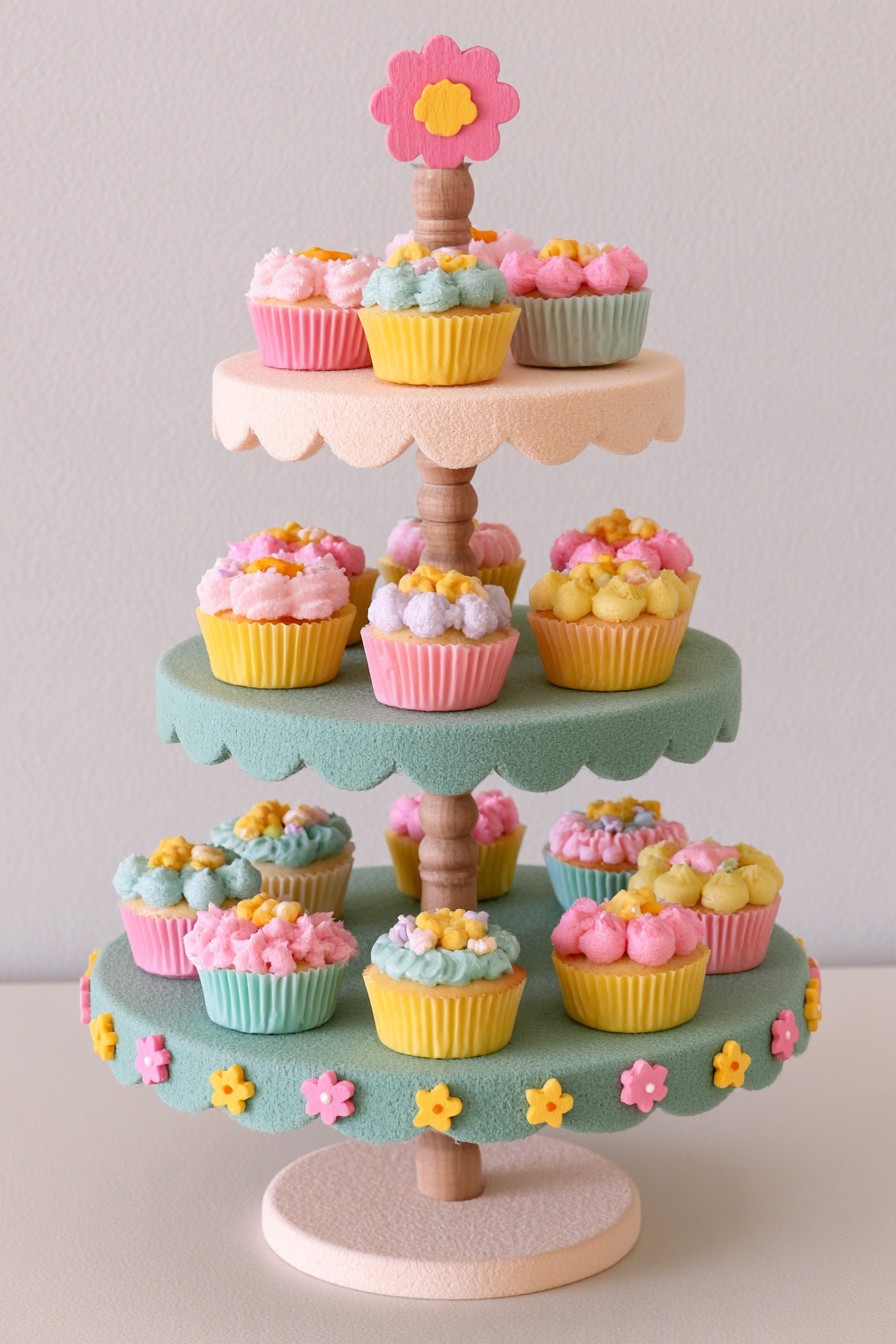Scalloped painted wood cupcake stand on a dessert table