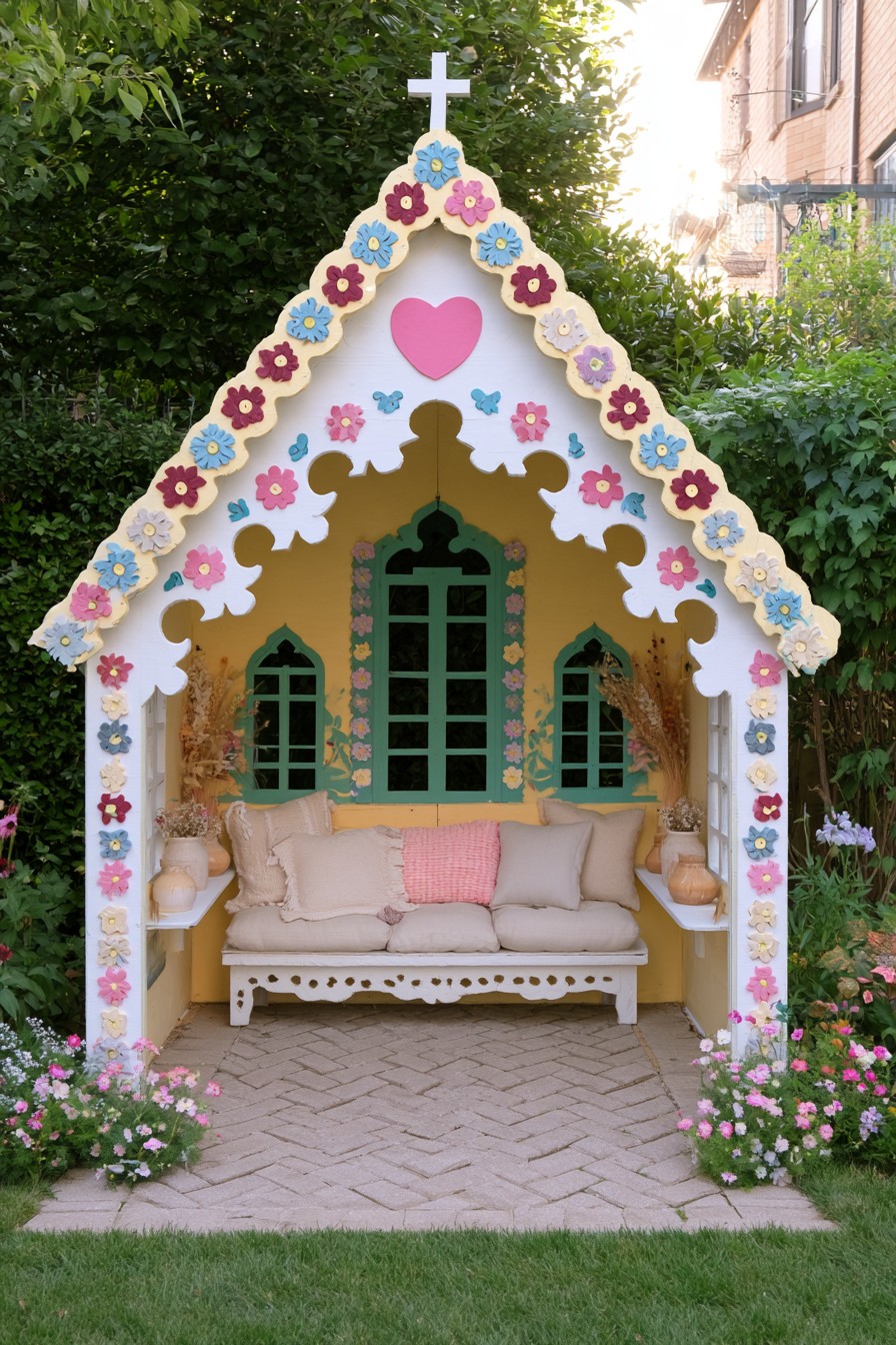 White chapel-style gable with flower trim and a cross above cream bench cushions