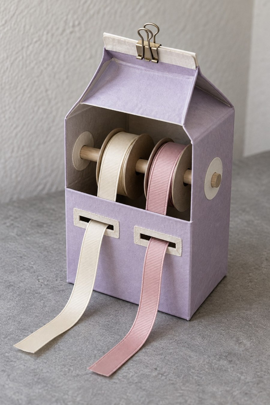 Lavender milk carton dispenser holding cream and pink ribbon rolls