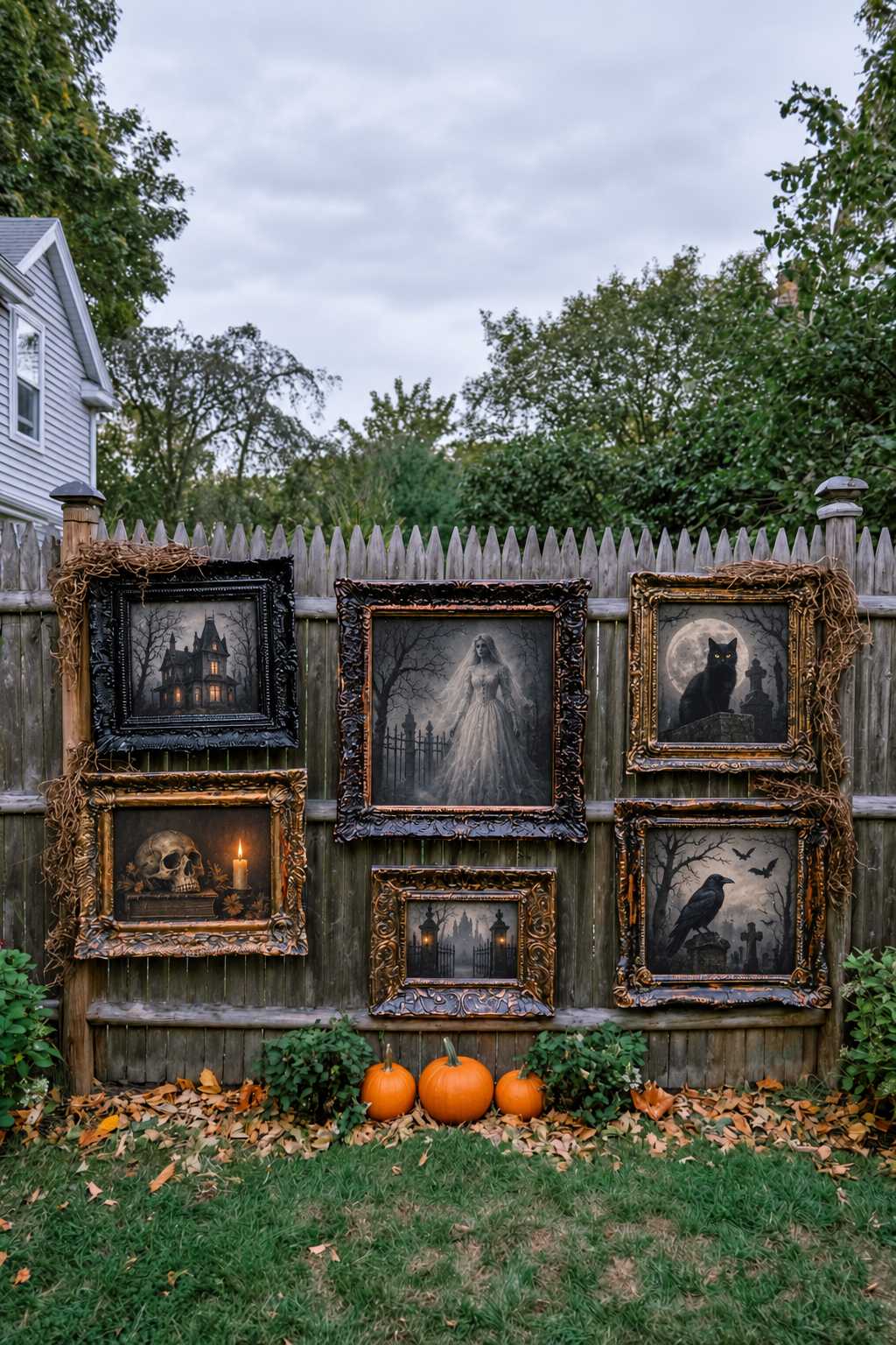 Ornate frames displaying gothic Halloween artwork on a wooden fence with pumpkins below