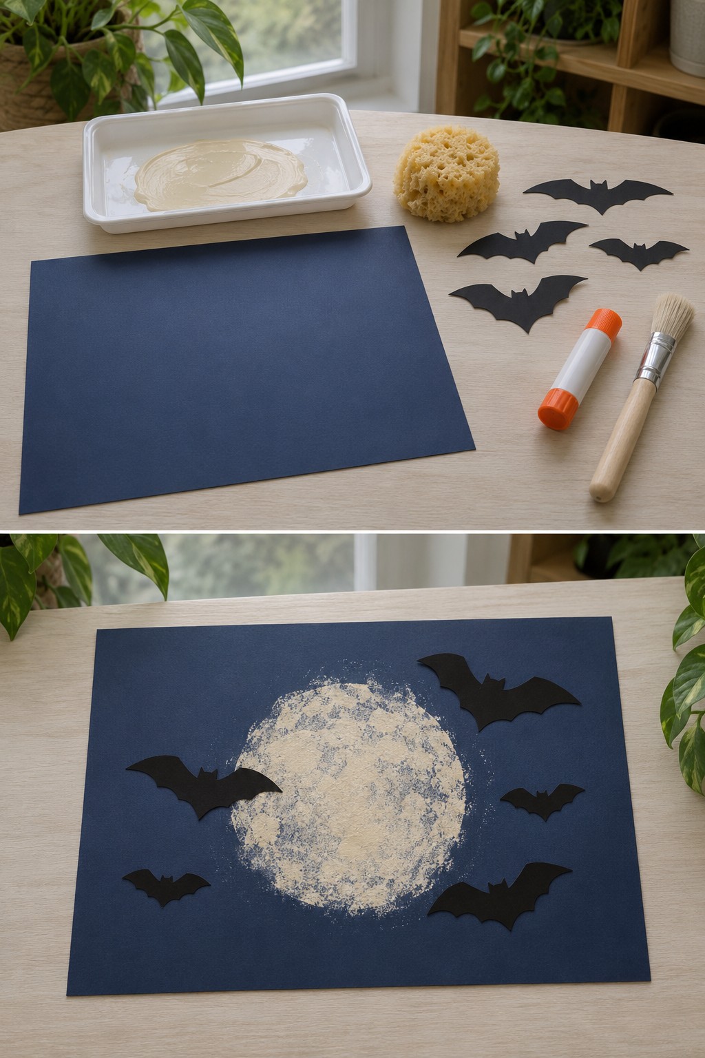 Paint, sponge and bat cutouts above a cream moon and black bats on navy paper