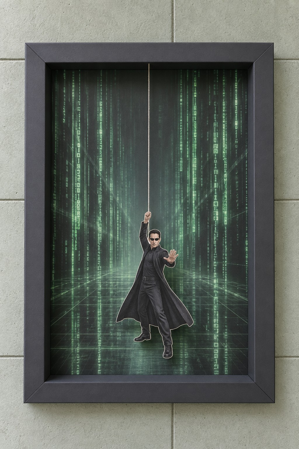Black coated paper hero hanging in a charcoal frame over vertical green code and a perspective grid