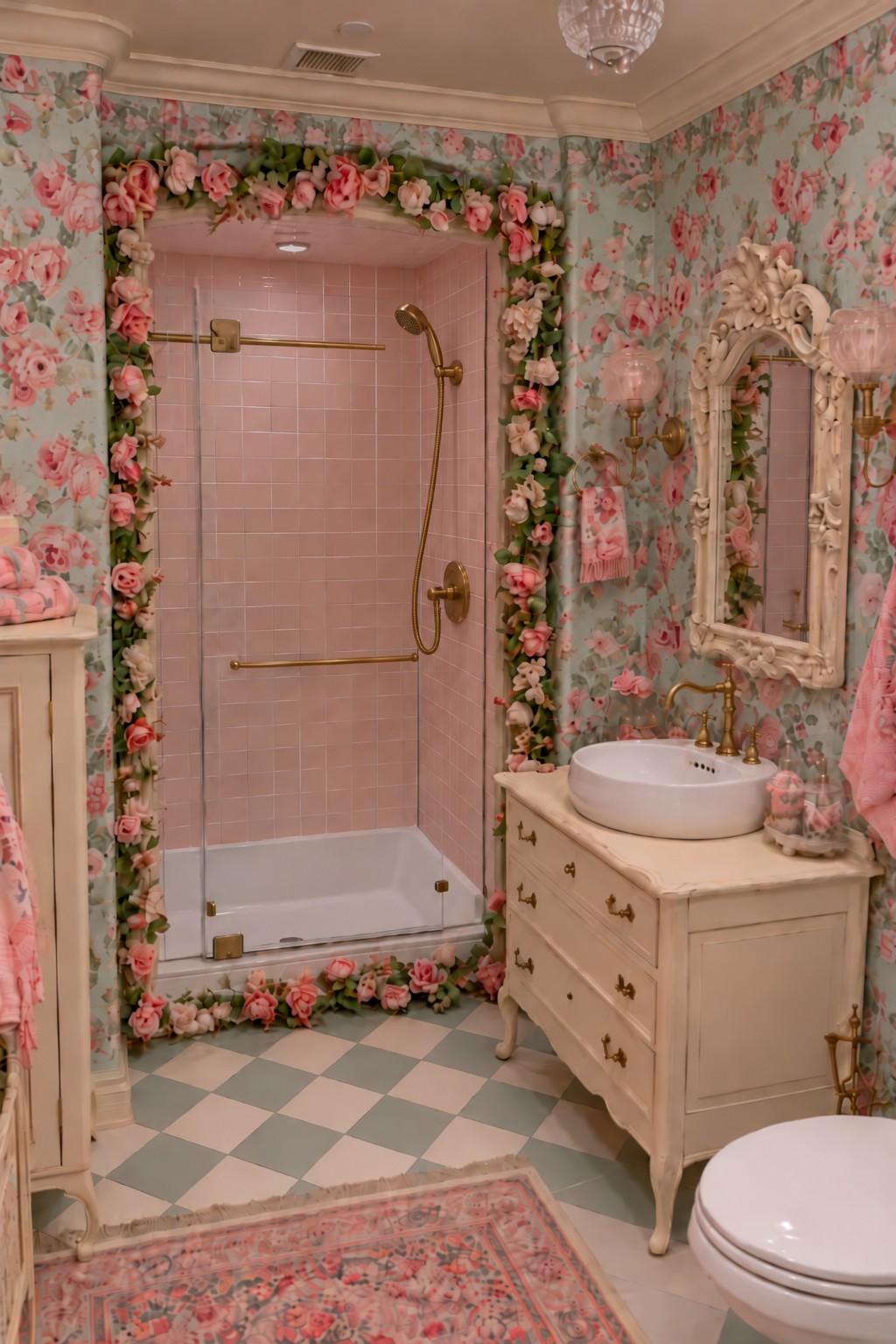 Blush tiled shower opening surrounded by rose wallpaper with a cream vanity and pastel checkerboard floor